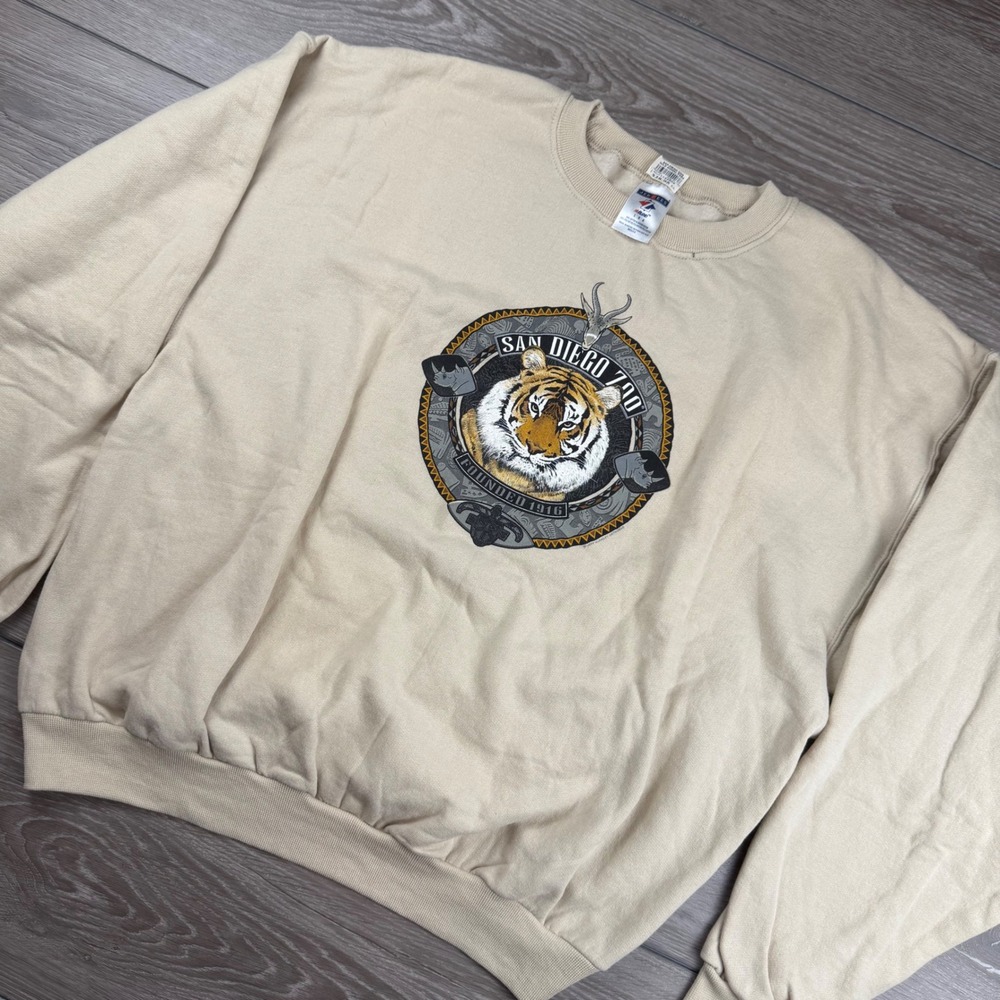 Jerzees Unisex Sweatshirt San Diego Zoo Tiger Graphic Tan L
